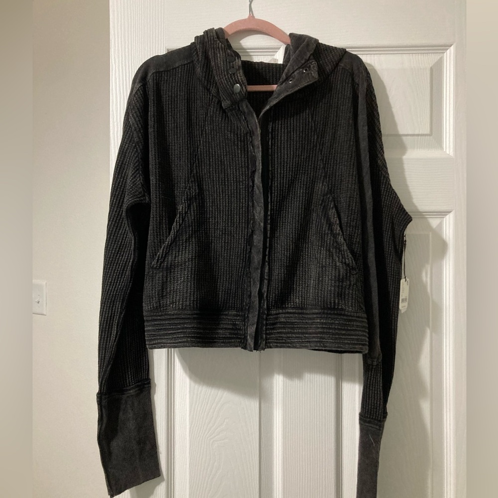 NWT Free People Mason Hoodie Waffle Knit Hooded Jacket Oversized Black Size XL